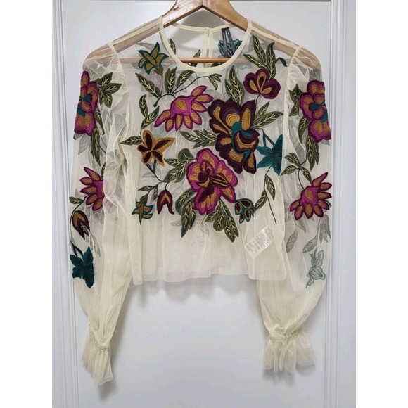 Anthropologie Tops - By Anthropologie Layla Sheer Multicolor Floral Embroidered Garden Fairy Top XS